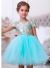 Cap Sleeves Tiffany Blue Jacquard Tulle V Back Flower Girl Dress